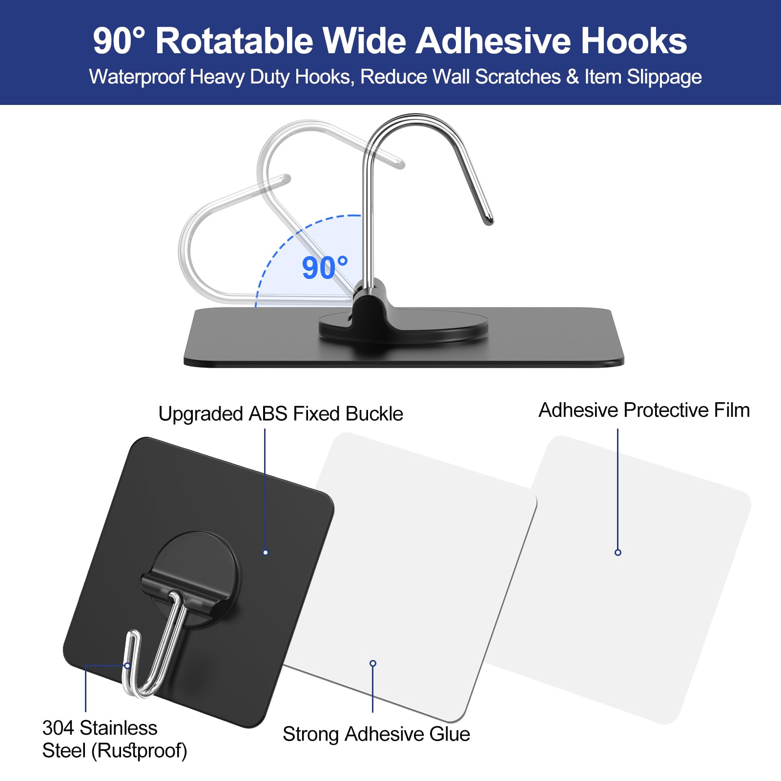 Adhesive Wall Hooks No Drill Black Heavy Duty (12 Count)