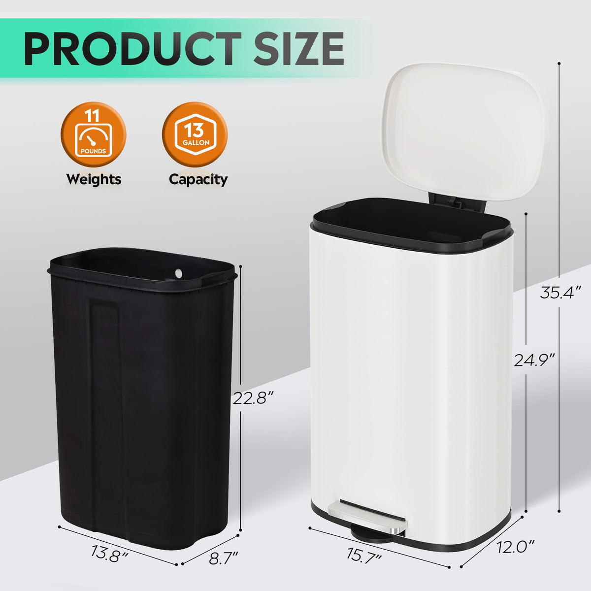 13 Gallon Stainless Steel Trash Can with Inner Bucket