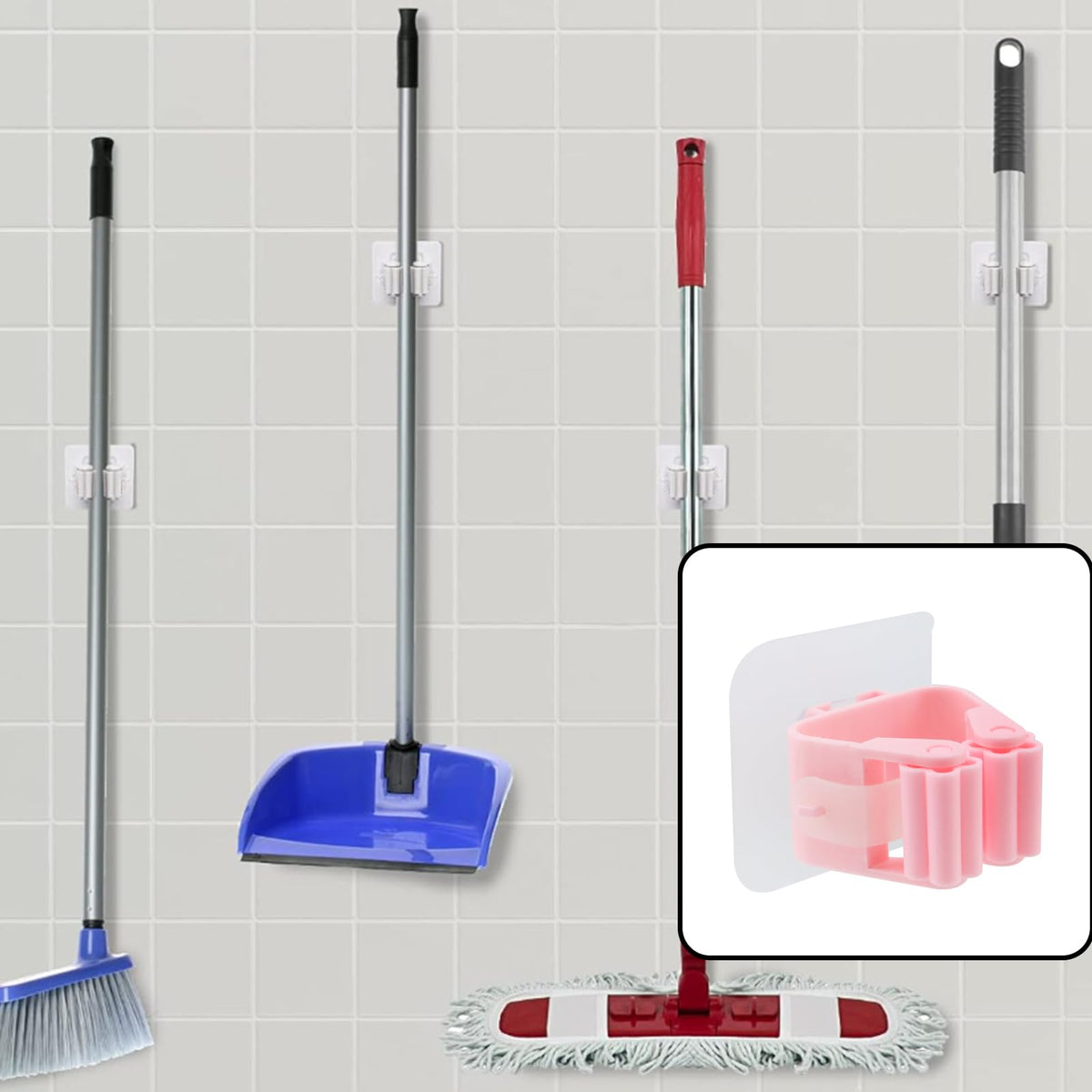 5Pcs Self Adhesive Broom Holder Wall Mount Mop and Broom Gripper (5 Count)