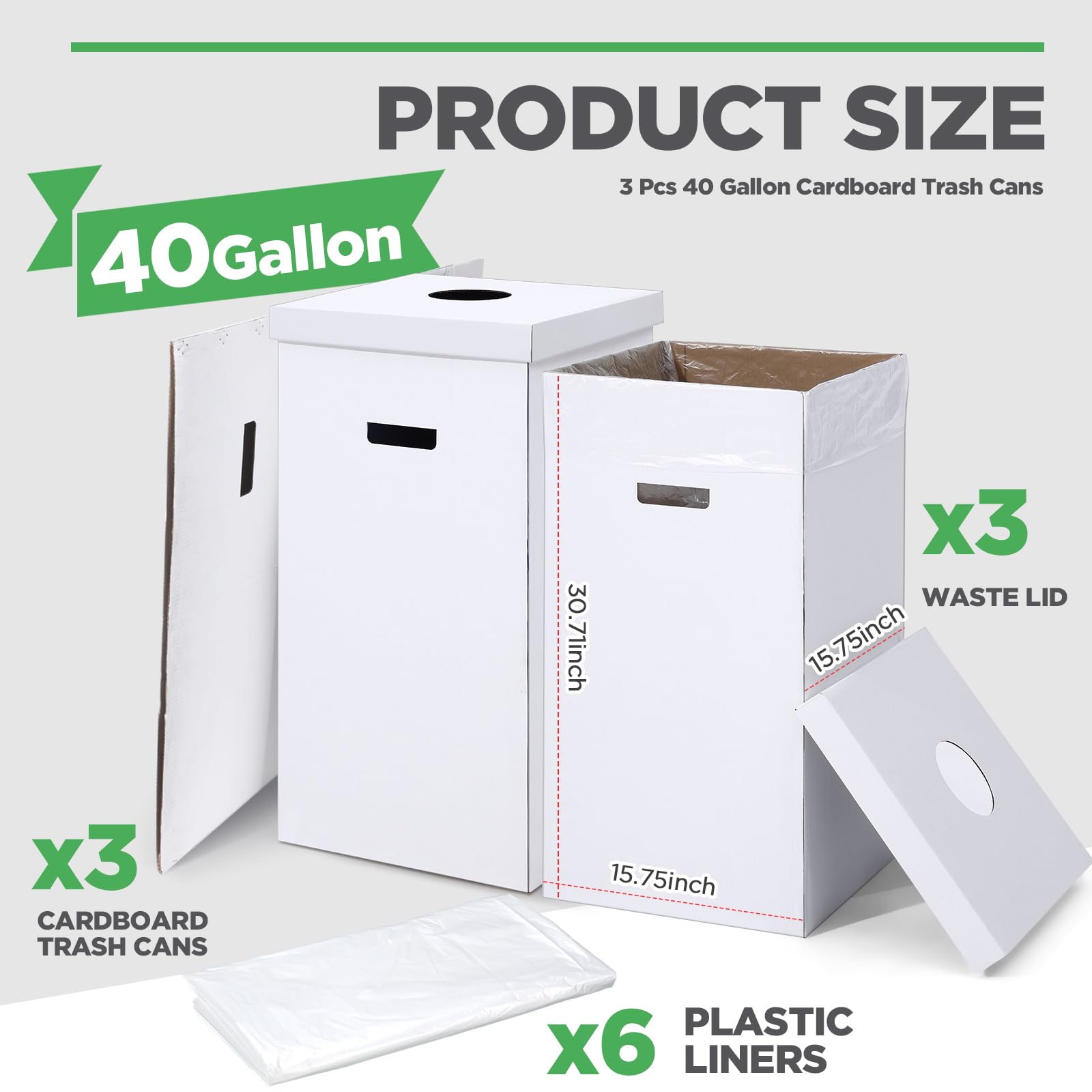 3 Pcs Cardboard Trash Cans with Lid Disposable and Reusable Corrugated Cardboard Trash Cans Recycling Bins Bulk with 6 Garbage Bags White Rubbish Boxes for Parties Events