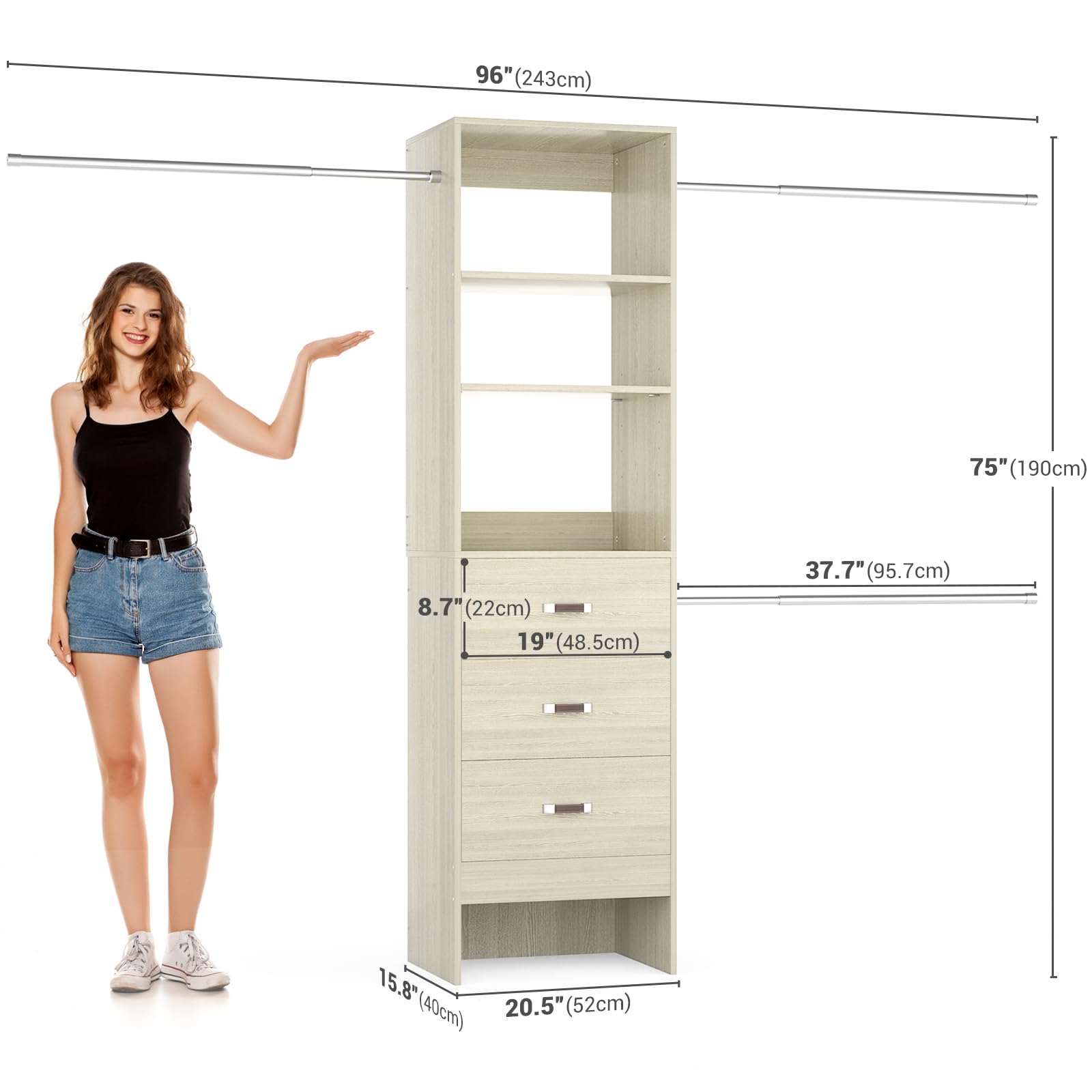 96'' Closet Organizer System with 3 Hanging Rods