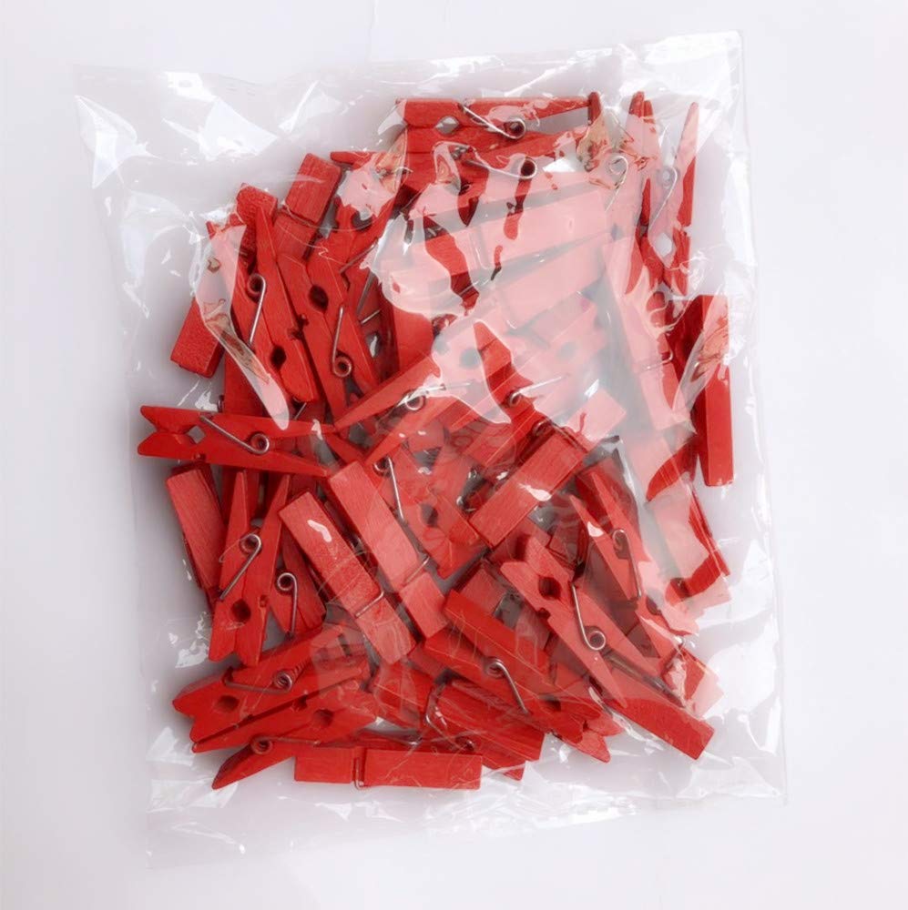 Tiny Wood Clips Travel Clothespins Miniature Clothes Pins for Wedding Arts Crafts Ornaments Packing with Twine Pack 50 Red