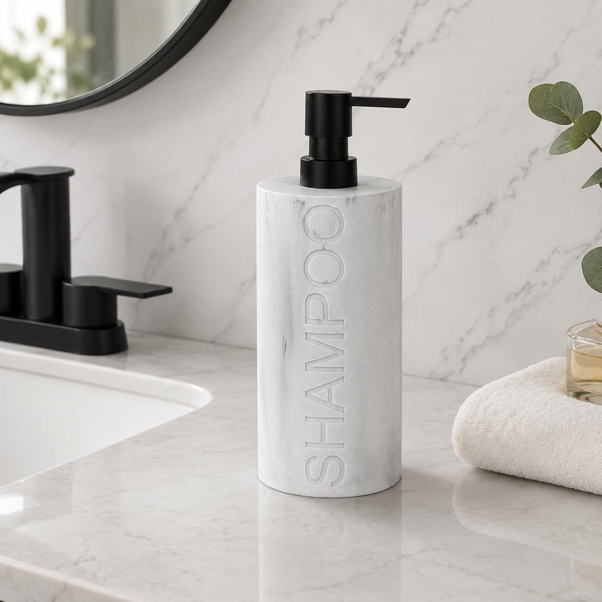 Resin White Marbled Shampoo Engraved Bottle Refillable Pump Dispenser