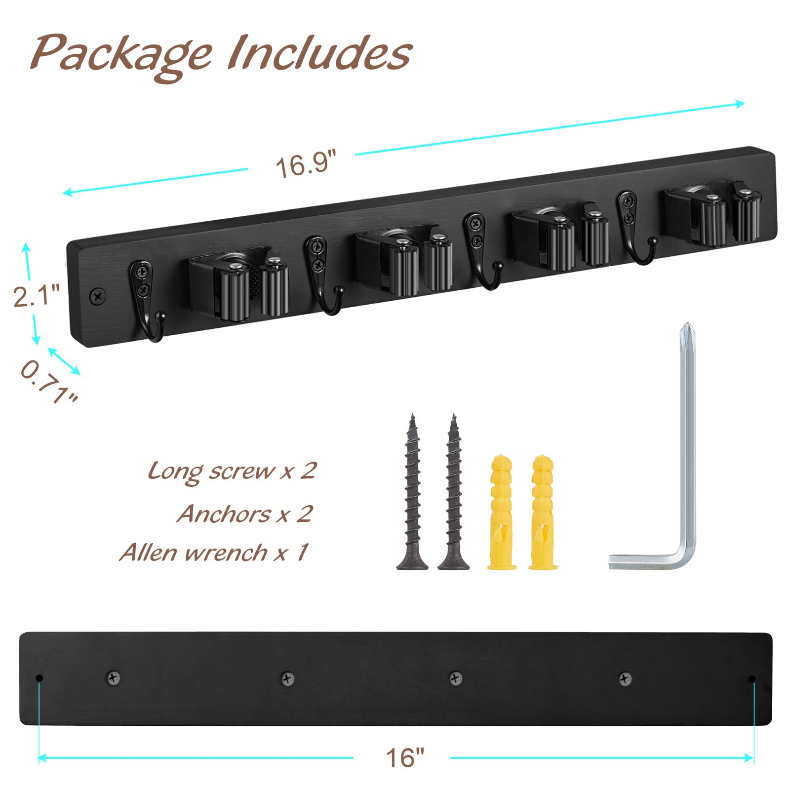 2 Pack Black Mop Broom Holder Wall Mount