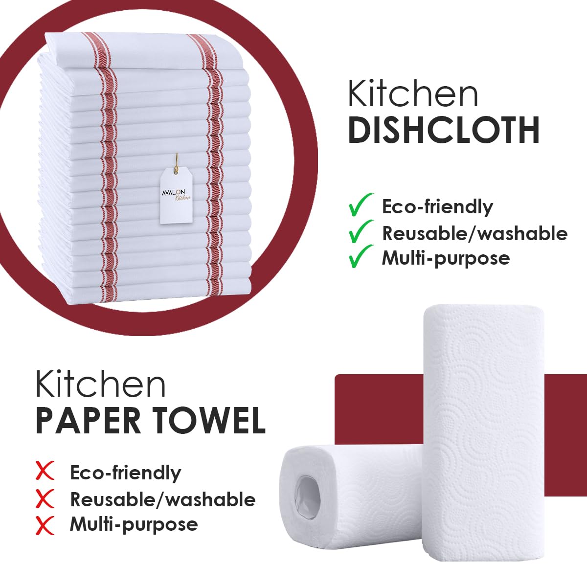 Dish Towels 15 Pack Red Stripe 100% Cotton Kitchen Towel 15x25 Inch Tea Towels (15 Count)