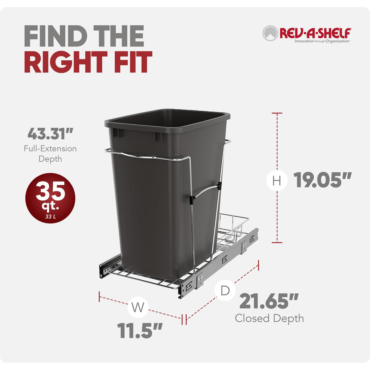 Single 35 Qt Pullout Trash Can for Base Kitchen Cabinets