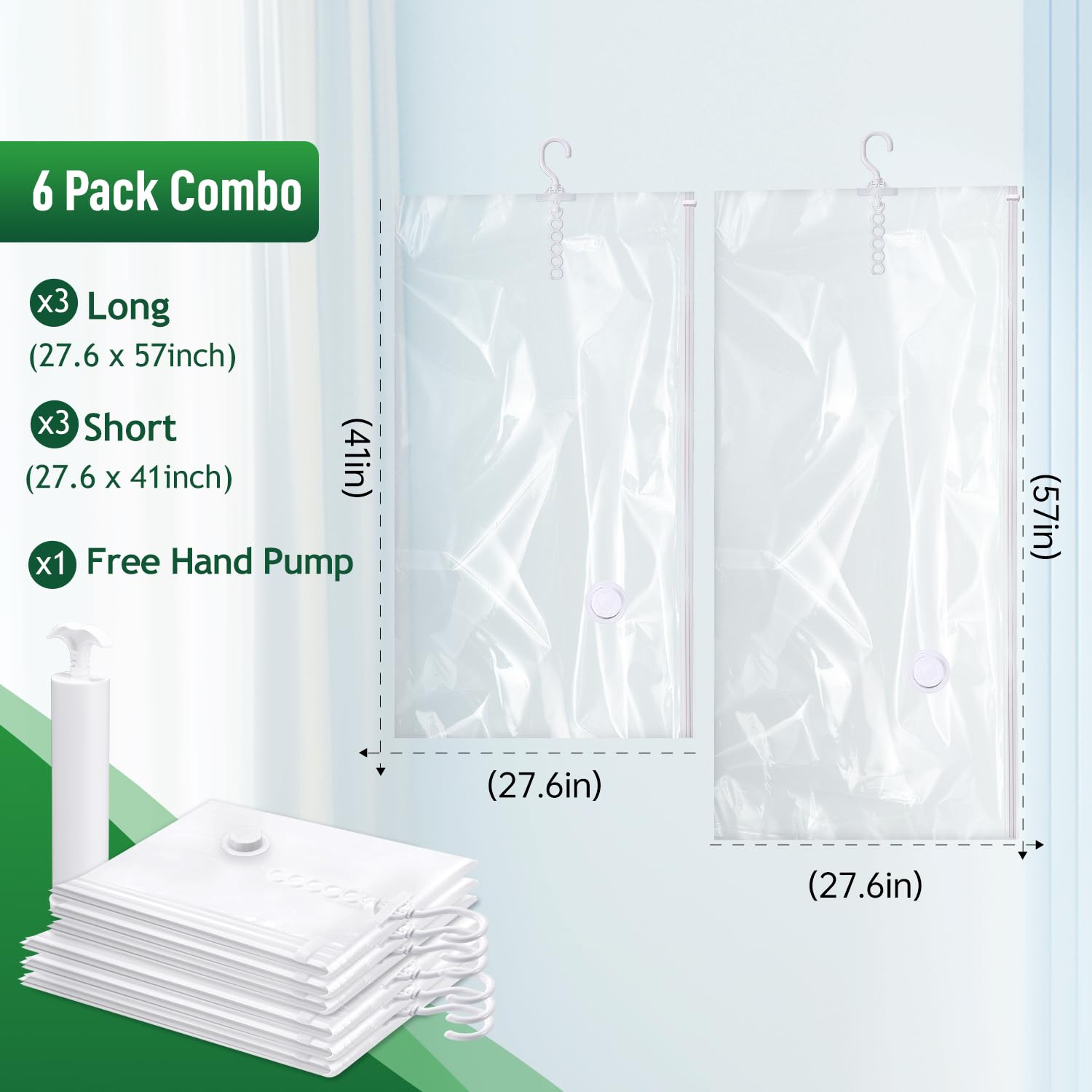 Hanging Vacuum Storage Bags For Clothes With Hand Pump (6 Count)