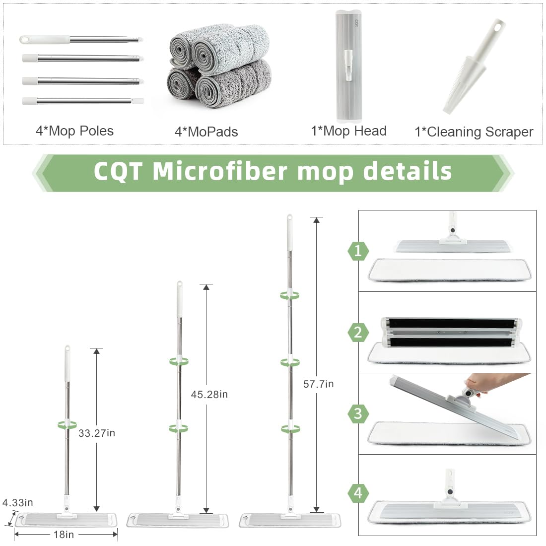 18" Commercial Flat Microfiber Floor Mop Cleaning System with 4 Washable Pads Cleaner for Home Cleaning