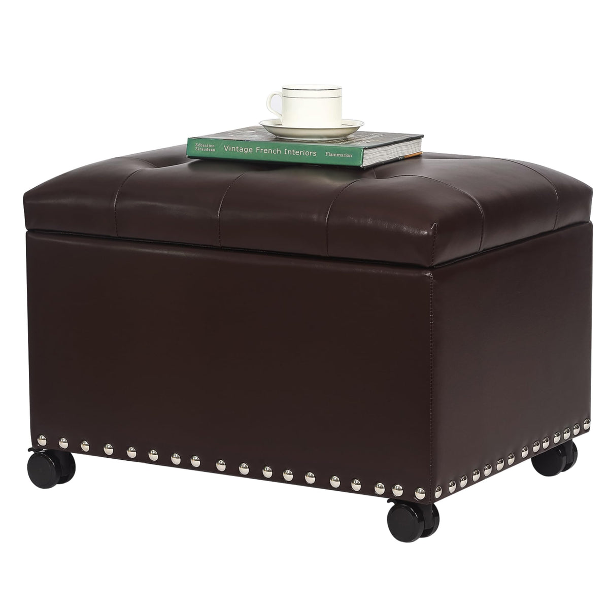Leather Storage Ottoman with 360° Caster Wheels 24" Foot Rest Bench Rectangle Ottomans Stool for Living Room Bedroom