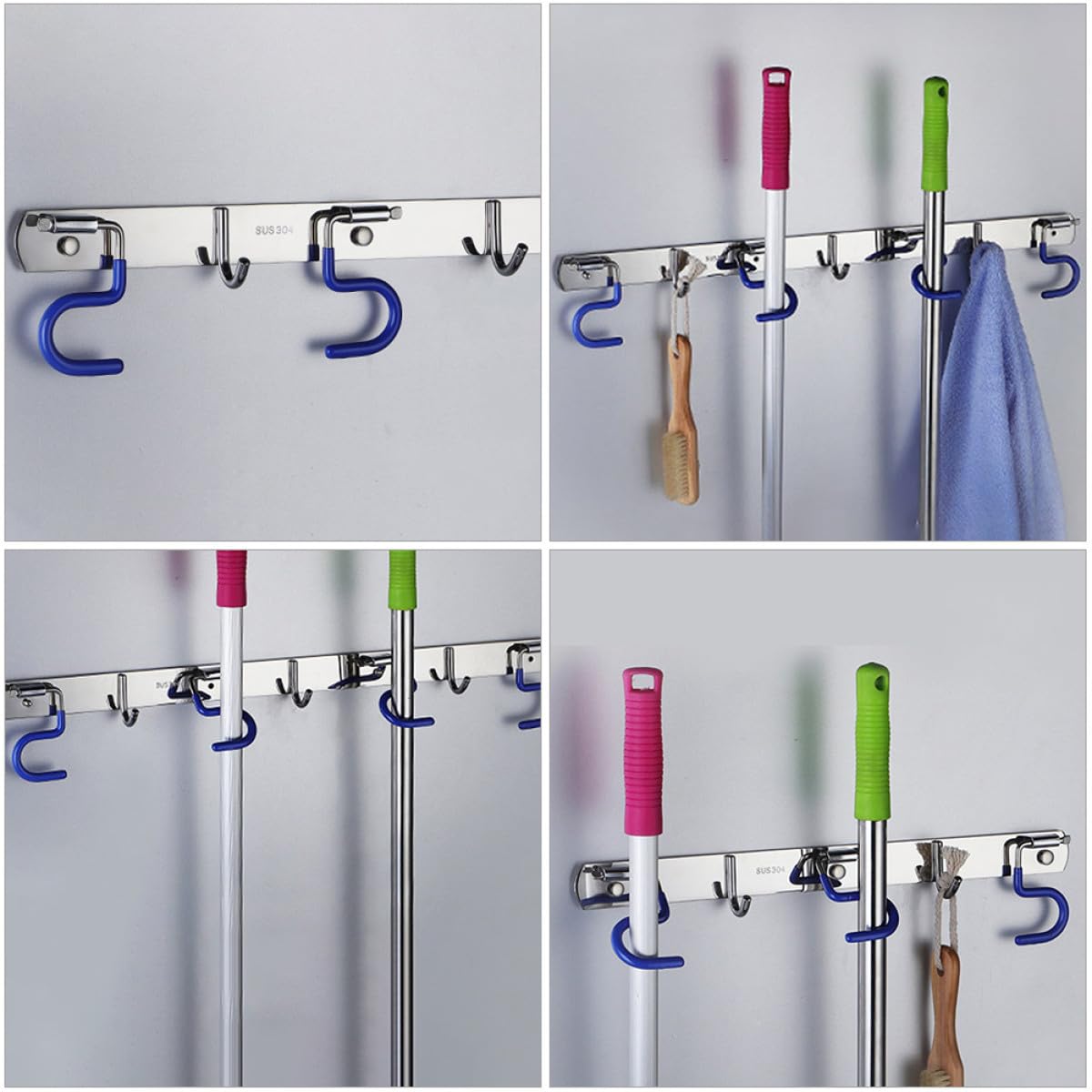 304 Stainless Steel Mop and Broom Holder Wall Mounted Rack with 2 Mop Grippers and 1 Hook