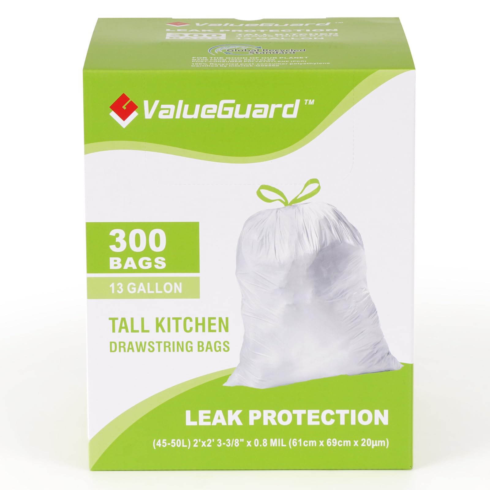 Large Trash Bag 13 Gallon Tall Drawstring 100% Post (300 Count)