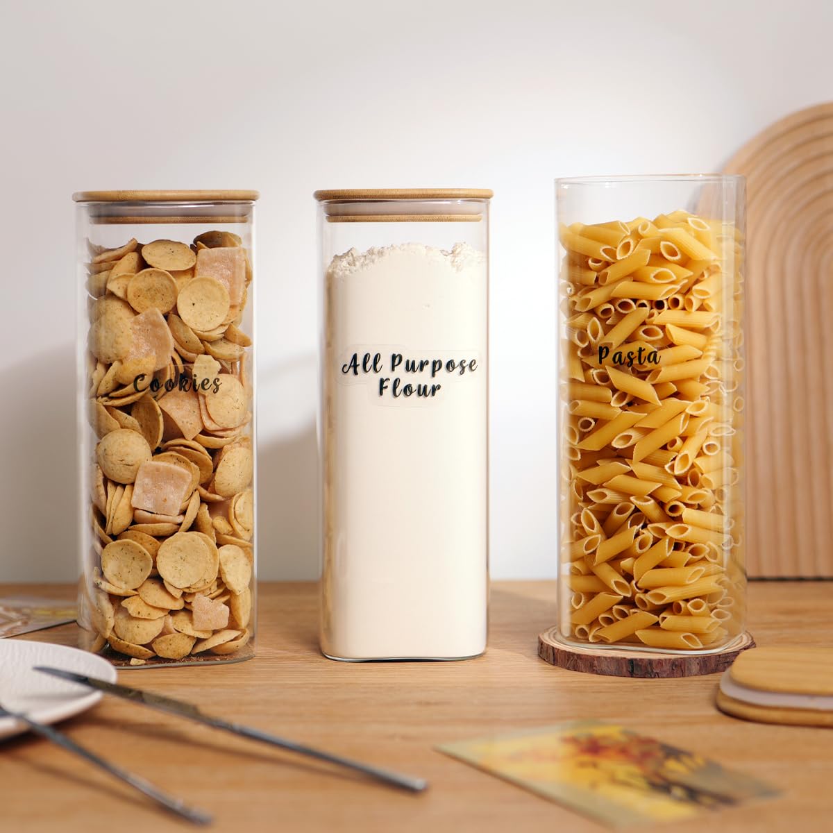 3 Pcs Square Glass Pantry Storage Containers with Bamboo Airtight Lid and 248 Clear Pantry Labels Preprinted