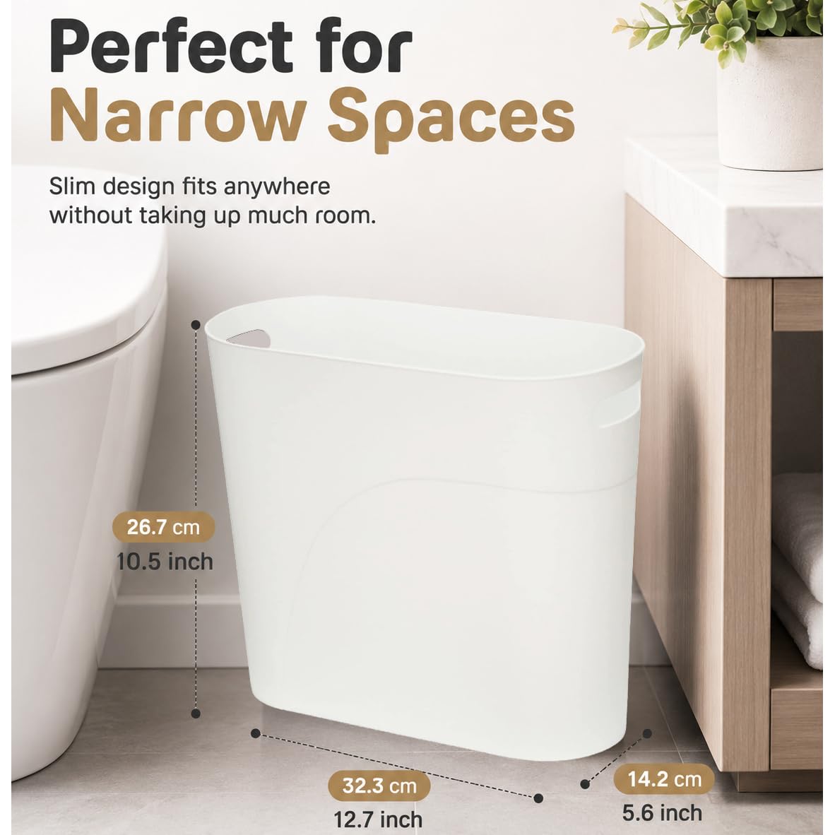 Small Trash Can Plastic Bathroom Wastebasket 3.2 Gallon Slim Garbage Container Bin with Handle for Home Kitchen Bathroom Bedroom Office (2 Count)