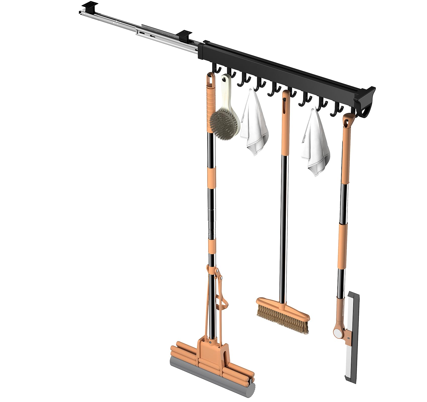Pull out Mop and Broom Holder with 20 Sliding Hooks