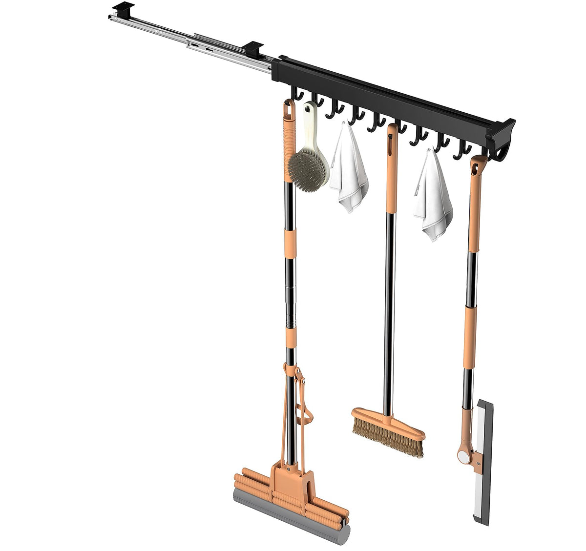 Pull out Mop and Broom Holder with 20 Sliding Hooks