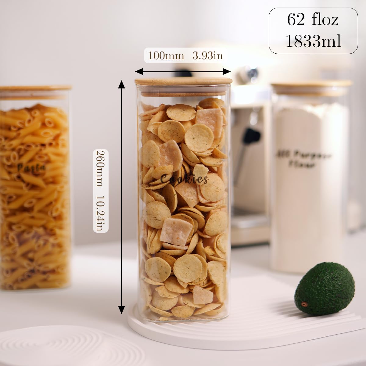 3 Pcs Square Glass Pantry Storage Containers with Bamboo Airtight Lid and 248 Clear Pantry Labels Preprinted