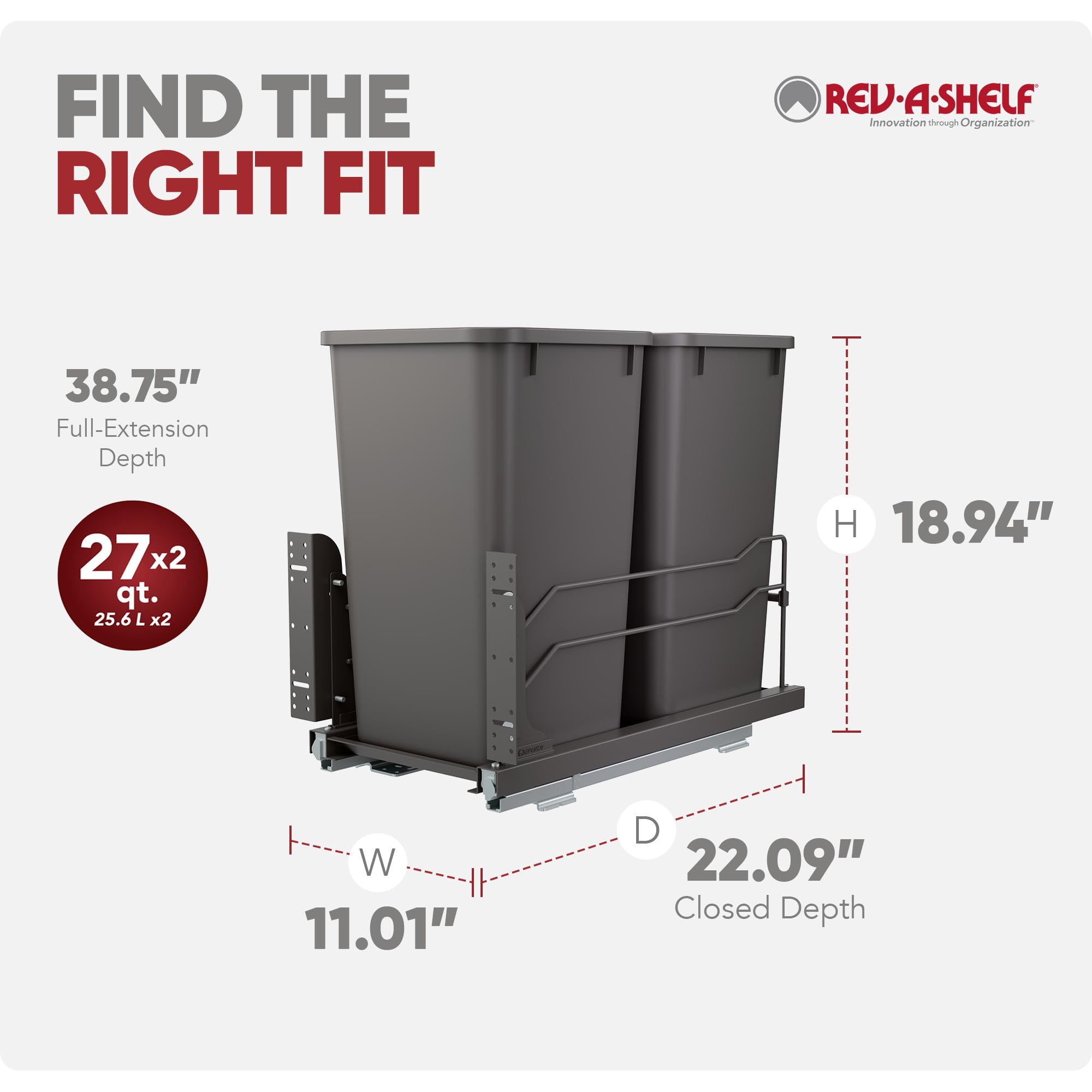 Double 27 Qt Pull Out Trash Cans with Soft Close for Under Kitchen Cabinets