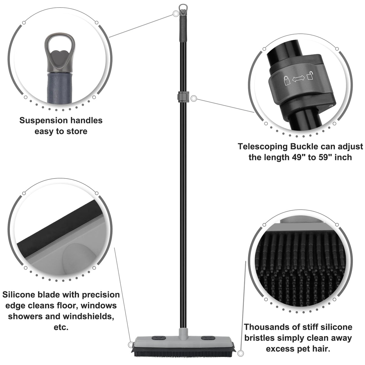 Pet Hair Removal Rubber Broom with Squeegee with 59" Long Handle