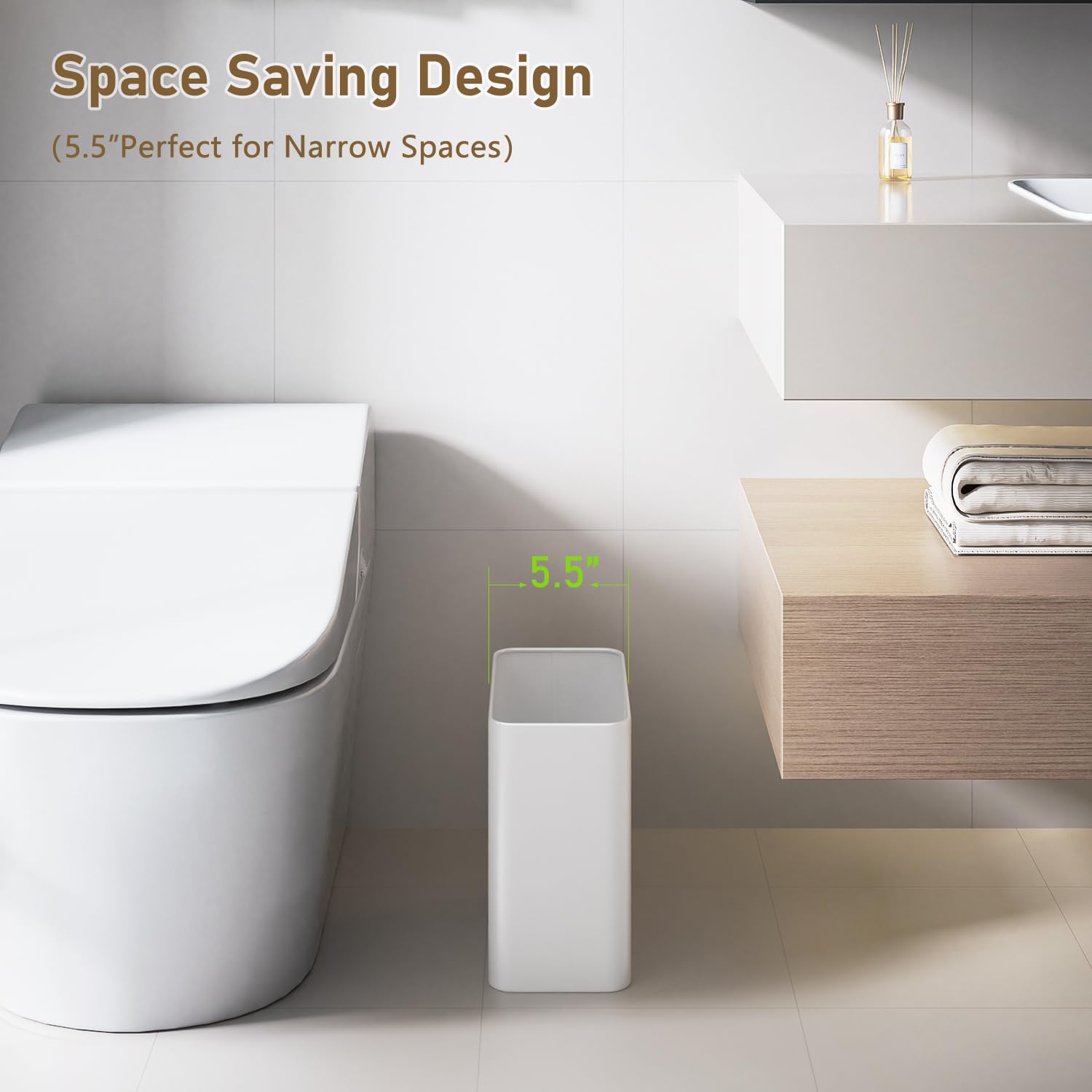Small Bathroom Trash Can 2.4 Gallon Wastebasket Slim Metal Garbage Can Stainless Steel Trash Bin for Bedroom
