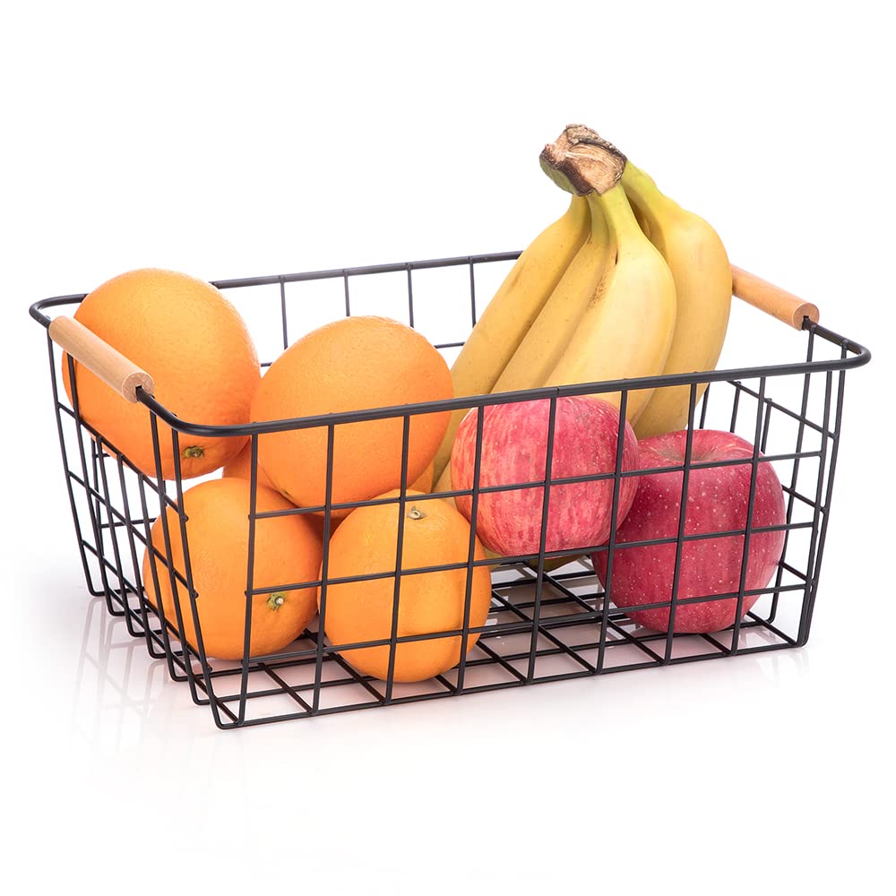Wire Baskets with Wooden Handles Wire Storage Organizer Bin Baskets (2 Count)
