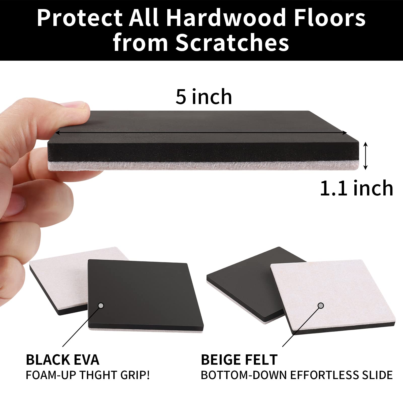 5" Square Felt Furniture Movers Sliders for Hardwood Floors (8 Count)