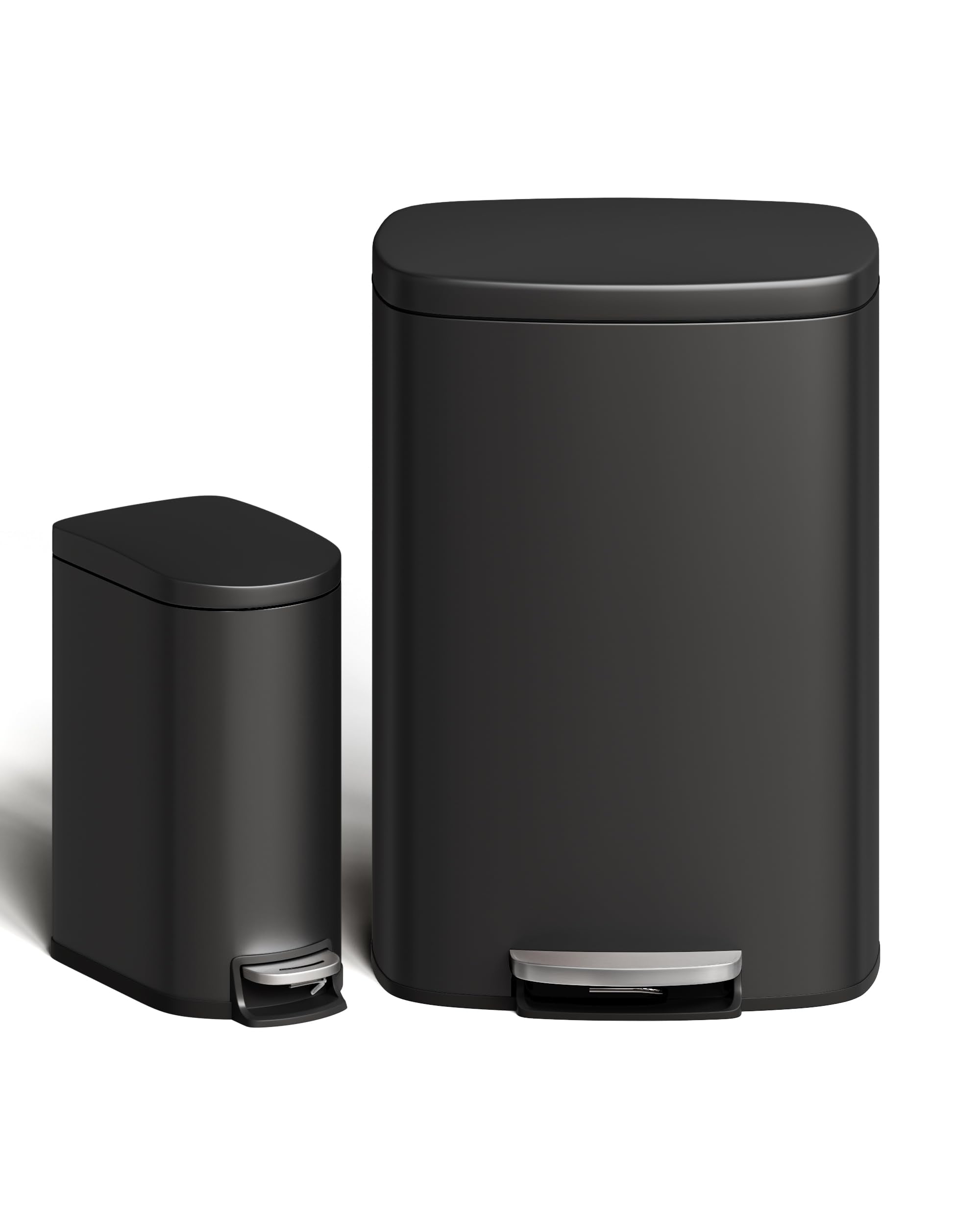 13 gal (50 L) and 2.6 gal (10 L) Metal Trash Can Combo Set, Rustproof Garbage Can with Lid, Step-on Trash Bin with Inner Bucket, Rear Handle, Black
