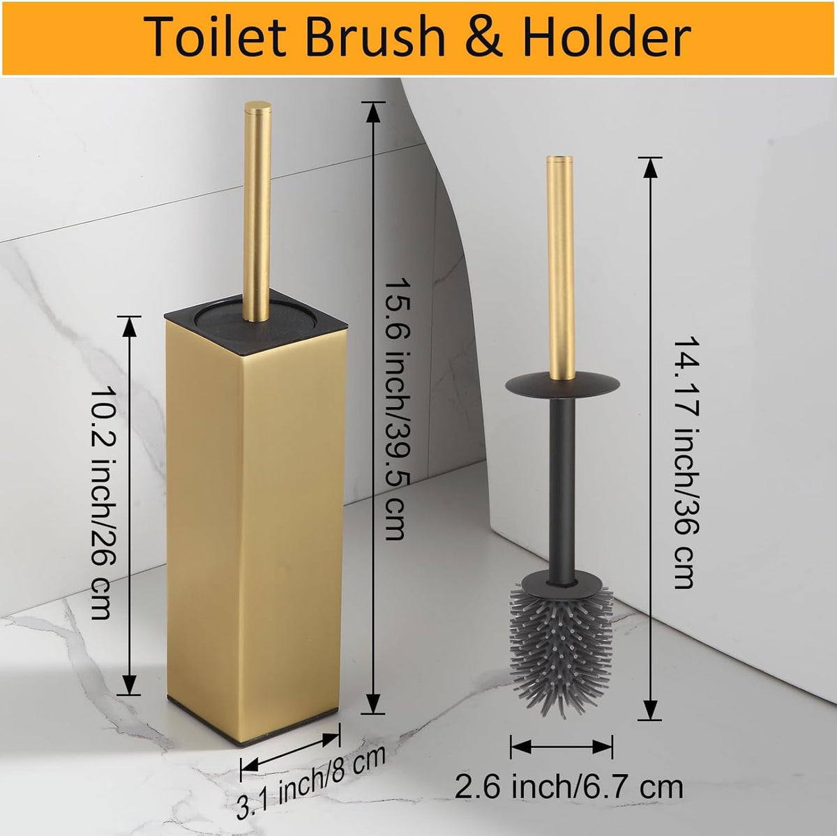 Standing Toilet Brush and Holder Brushed Gold Aluminium Toilet Bowl Cleaner Brush and Holder for Bathroom Storage and Organization
