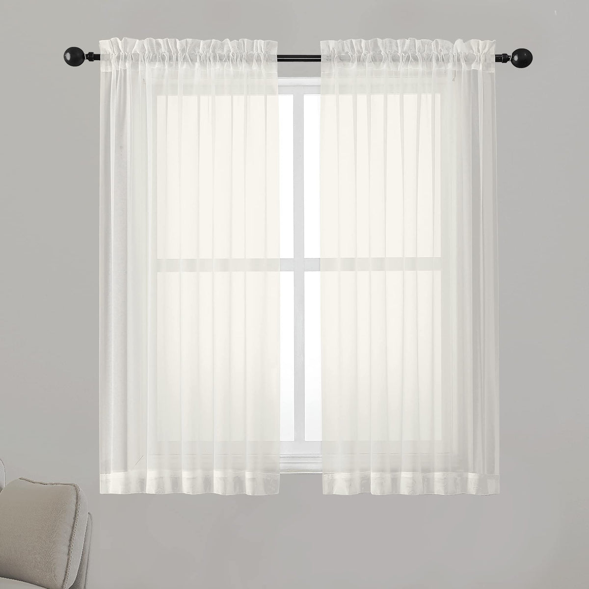 Ivory Sheer Curtains 54 Inch Length 2 Panels for Kitchen