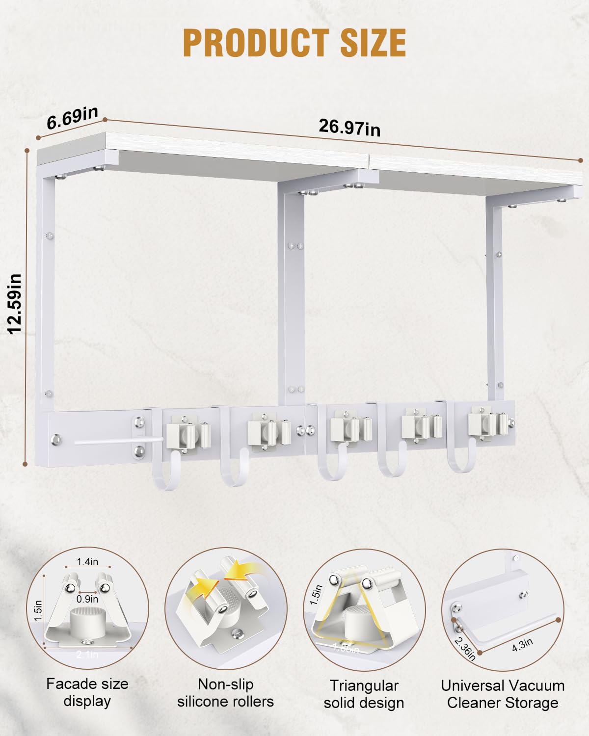 Large Broom Holder Wall Mount with Shelf