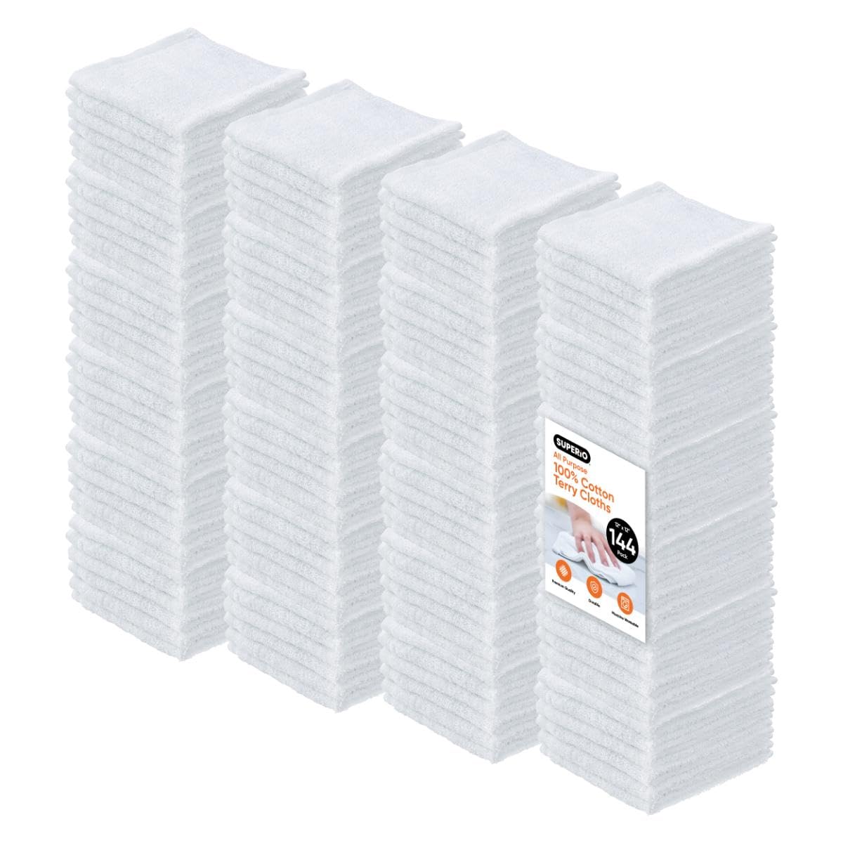 Terry Cloth Rags White Washcloths 100% Cotton 12" Cleaning Cloths (144 Count)