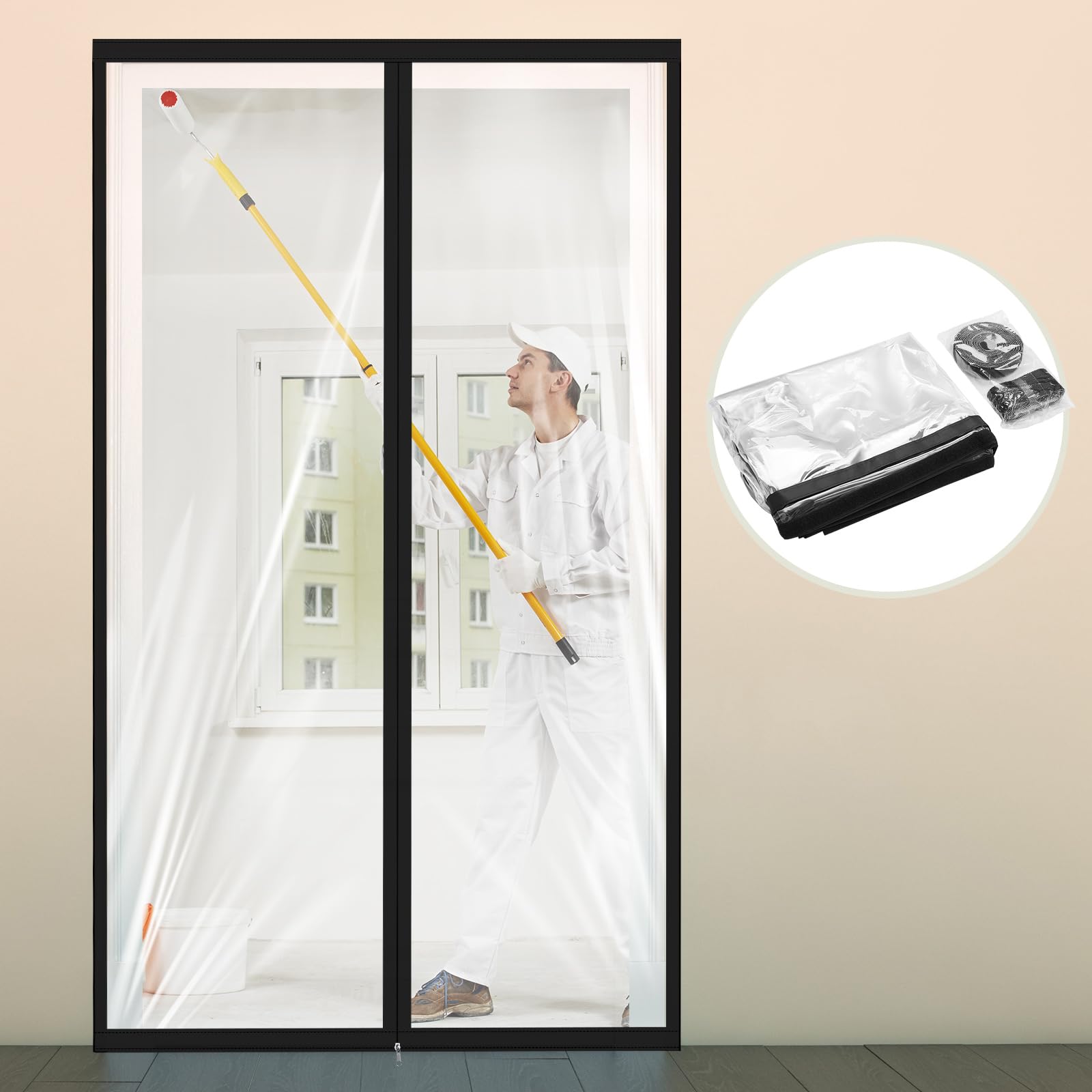 Zipper 38 x 83 Inch Dust Barrier Door Kit Construction Door Barrier 3 x 7 ft Reusable Plastic Curtain Cover Containment Standard Doorway Temporary Wall Screen Sheeting for Bathroom Hallway
