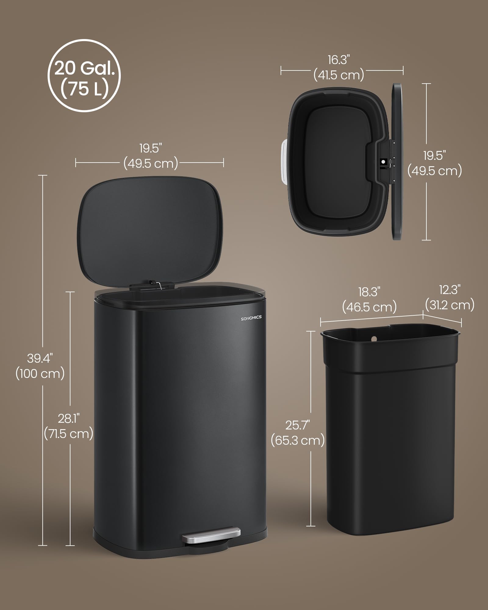 20-Gallon (75 L) Trash Can, Stainless Steel Kitchen Garbage Can, Recycling or Waste Bin, Soft Close, Step-On Pedal, Removable Inner Bucket, Black ULTB075BZ01