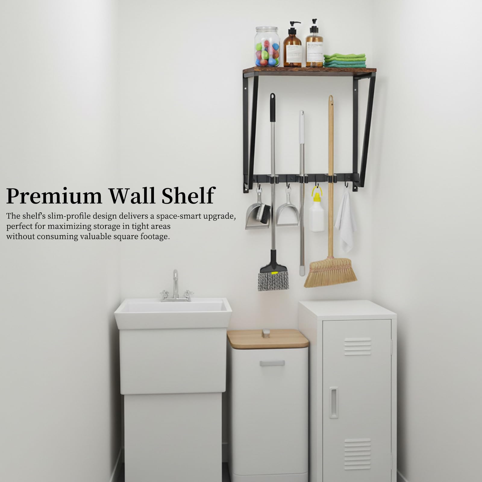 Broom Holder Wall Mount with 3 Storage Slots & 4 Utility Hooks