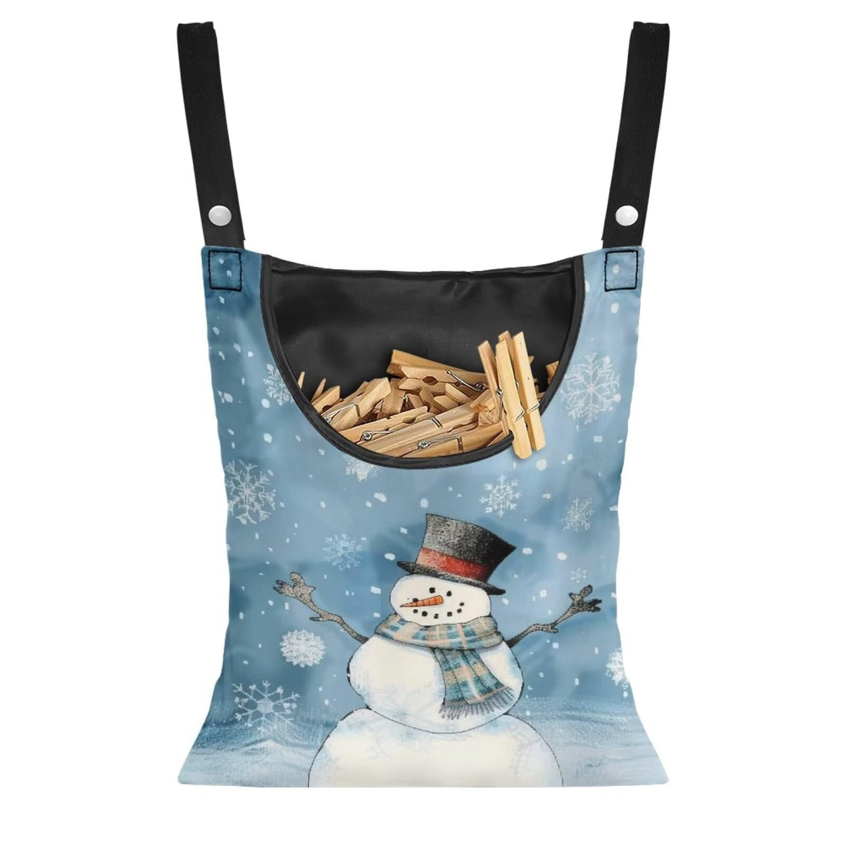 Snowman Clothespin Bag Blue Clothes Pin Hanging Bag with Hanging Hook 12 x 14.6 Inch Laundry Clothes Pin Holder Waterproof Clothespins Hanging Bags Clothespin Storage
