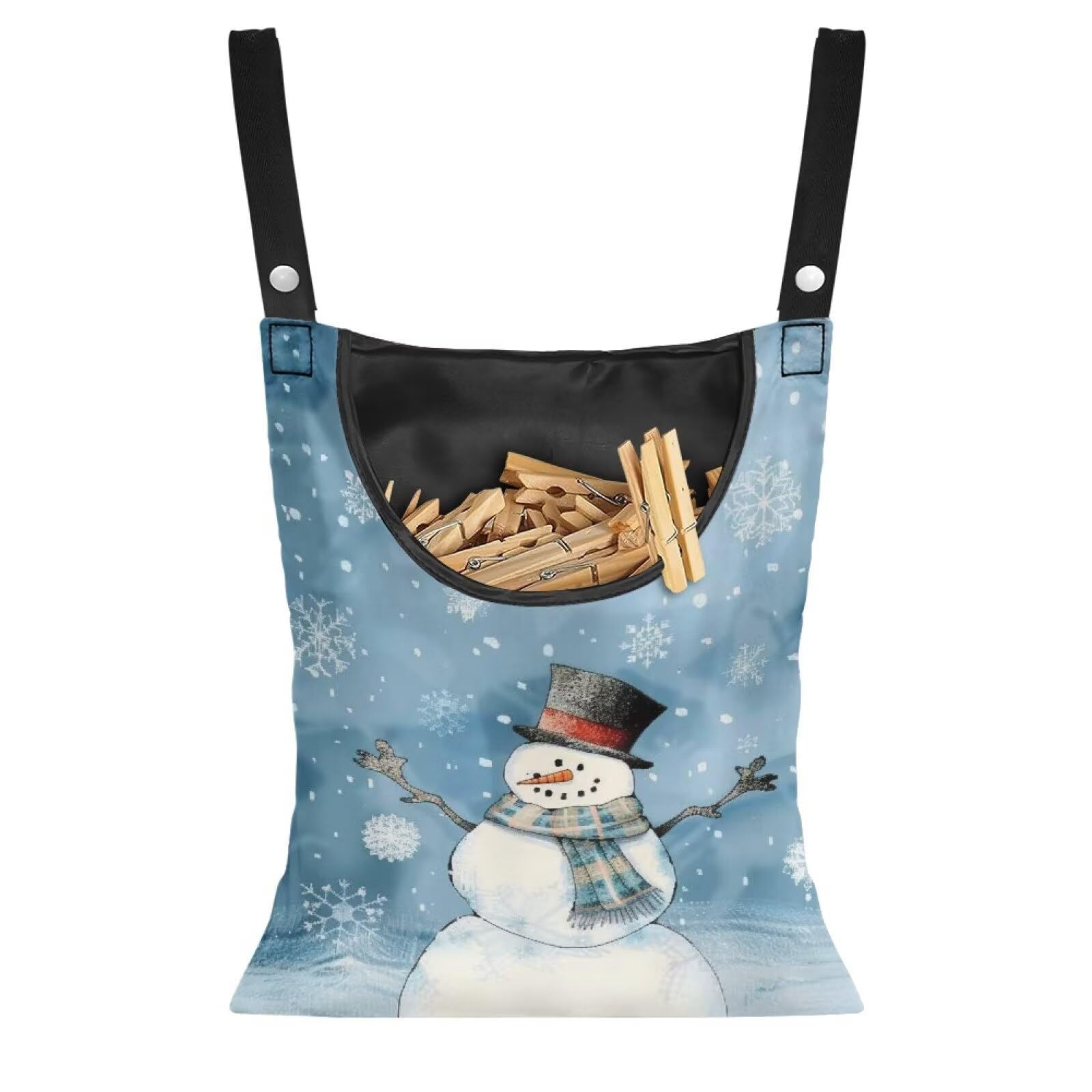 Snowman Clothespin Bag Blue Clothes Pin Hanging Bag with Hanging Hook 12 x 14.6 Inch Laundry Clothes Pin Holder Waterproof Clothespins Hanging Bags Clothespin Storage