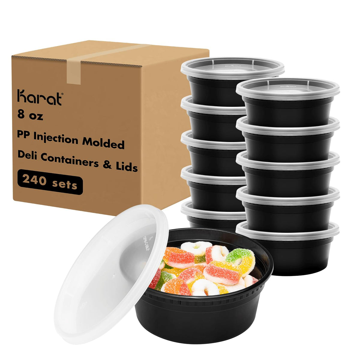 8oz 240 ct Black PP Injection Molded Round Deli Containers with Lids (240 Count)