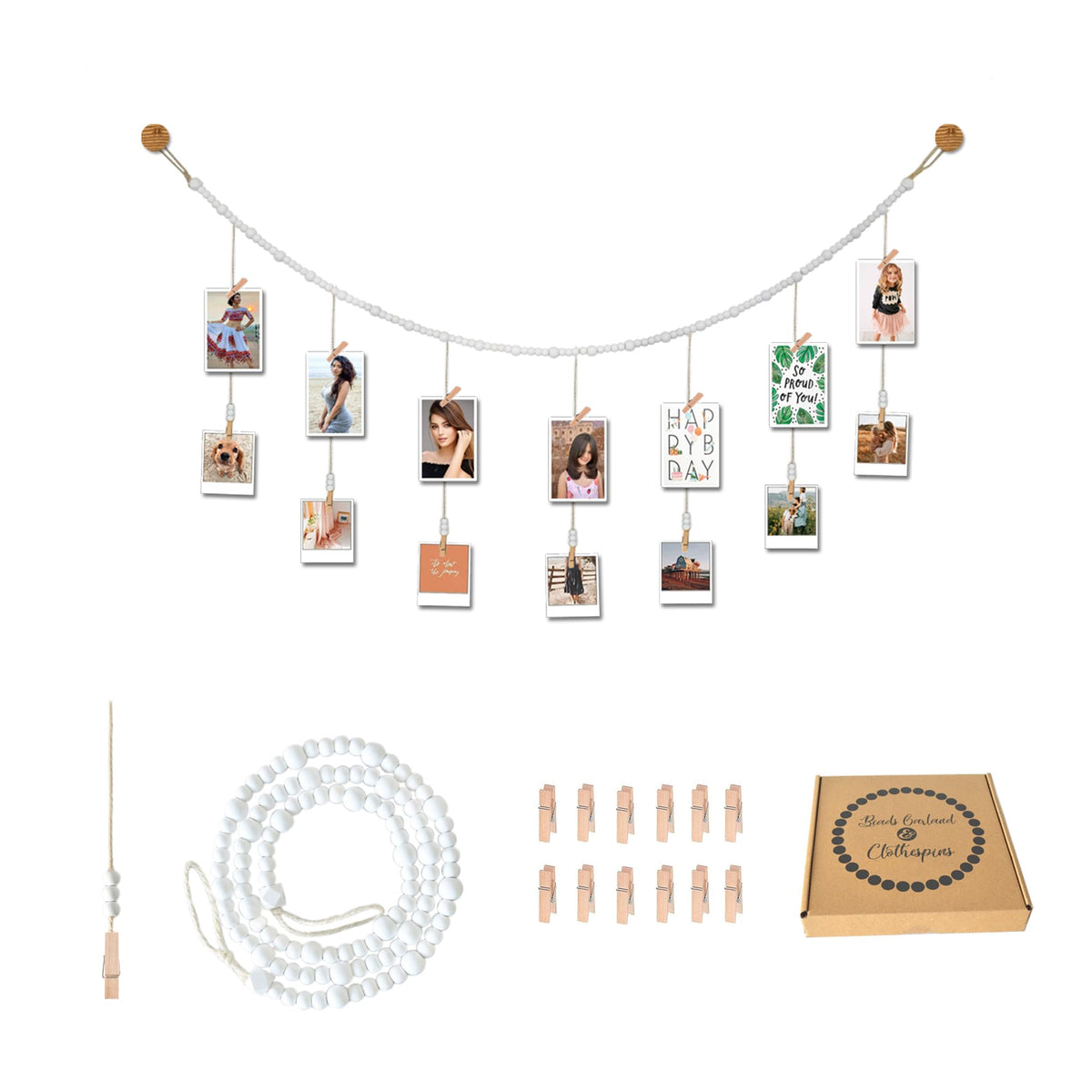 4 Feet Wooden Beads Garland with Clothespins Picture Cards Holder (4 Foot)