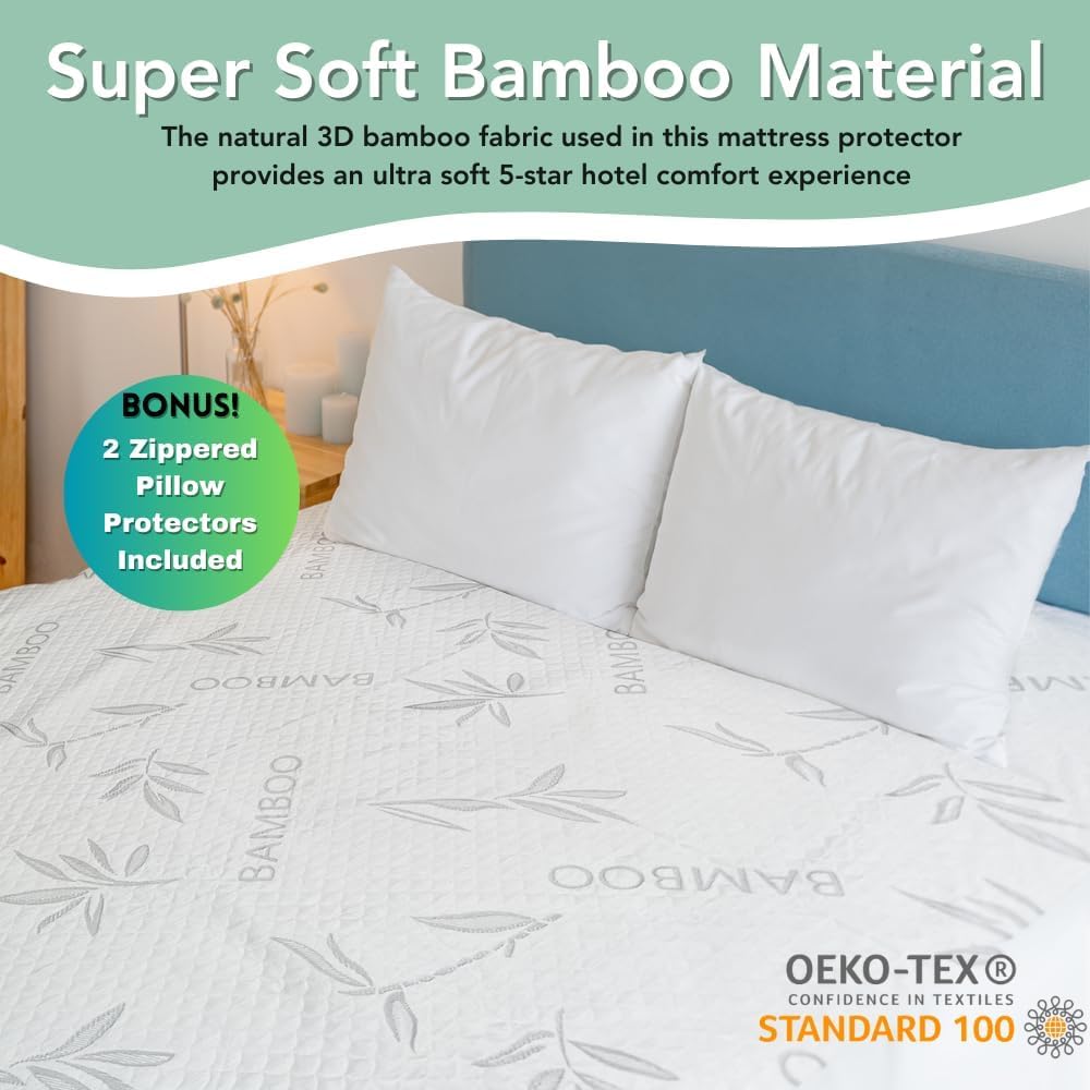 Bamboo Rayon Mattress Protector with Zipper + 2 Pillow Protectors (3 Count)