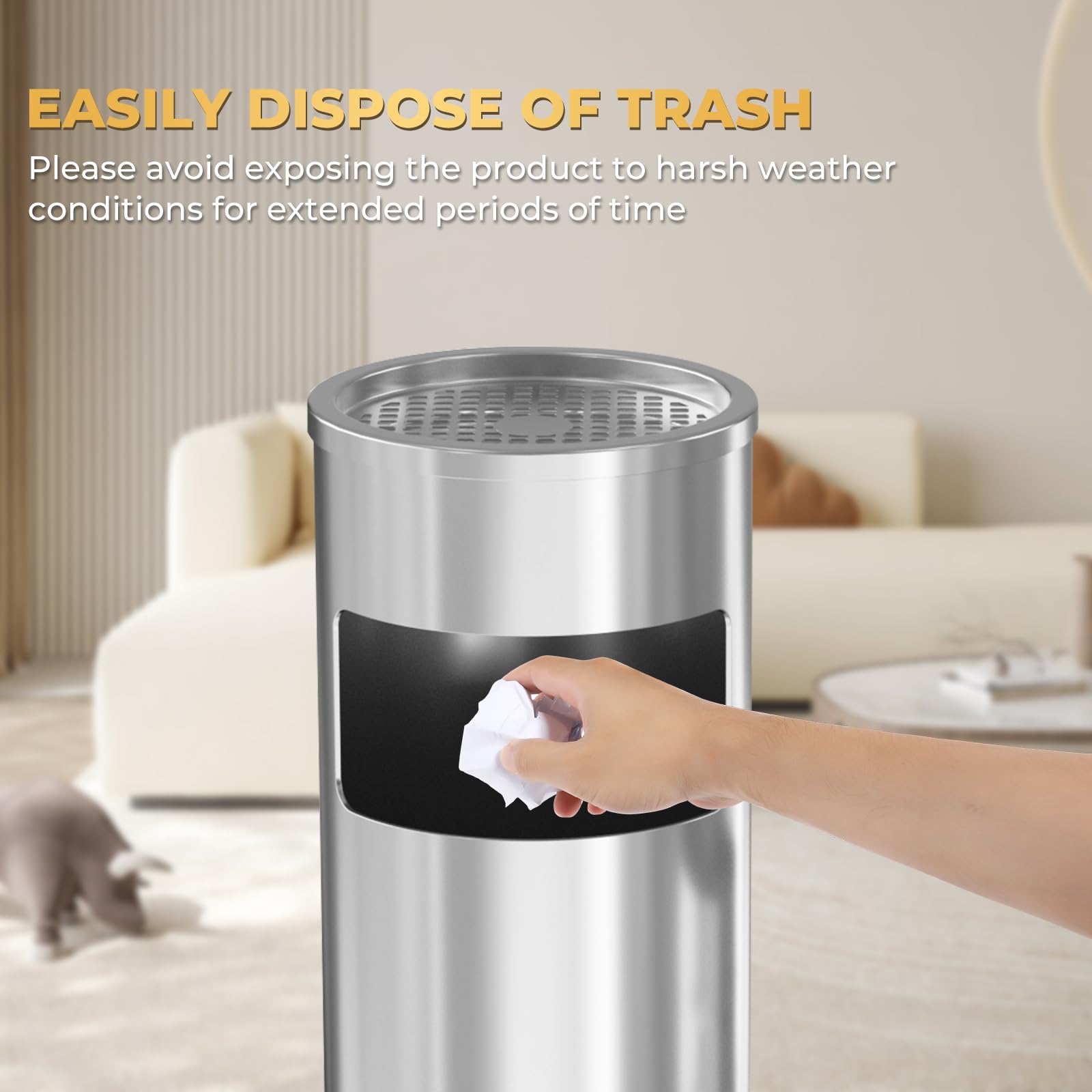 Trash Can Outdoor Waste Container Round Stainless Steel Trash Can with Removable Inner Bucket for Disposal Commercial Waste Container 9.8‘’ x 24‘’