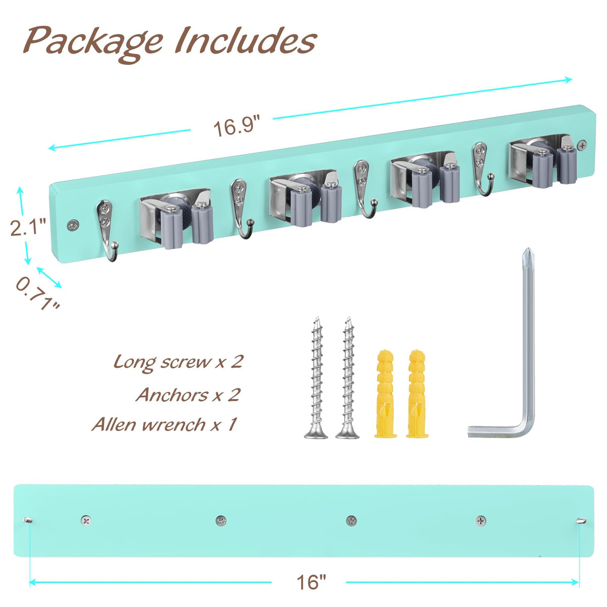 Turquoise Mop Broom Holder Wall Mount with 4 Slots & 4 Hooks