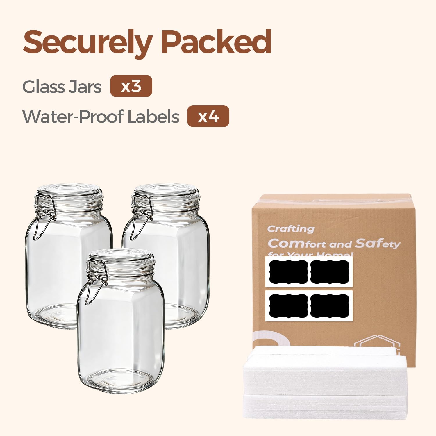 Square Glass Jars with Airtight Lids 51 oz 3 Pack Wide Mouth (3 Count)