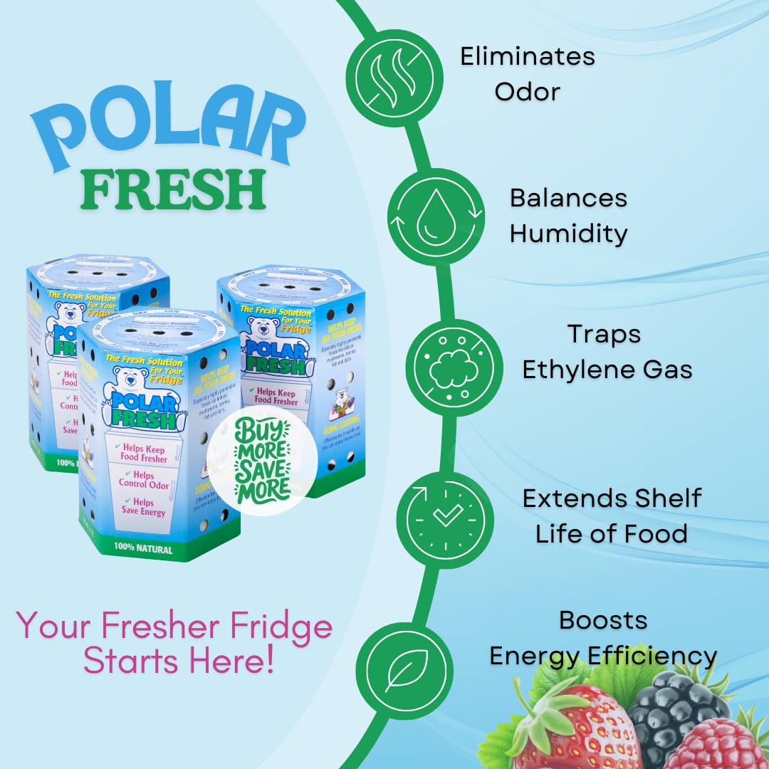 All-in-1 Refrigerator Deodorizer & Produce Saver by Polar Fresh 3 Pack – Fridge Odor Eliminator, Ethylene Gas Absorber, Fridge Moisture Absorber & Efficiency Booster; Surpasses Baking Soda & Charcoal (3 Count)
