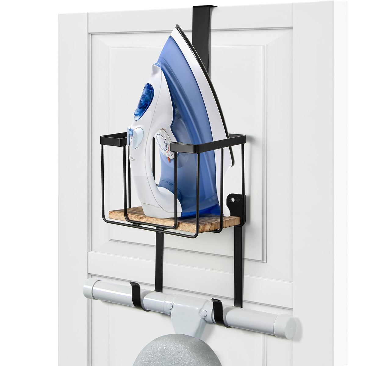 Wall Mount Over The Door Ironing Board Holder with Large Storage Basket