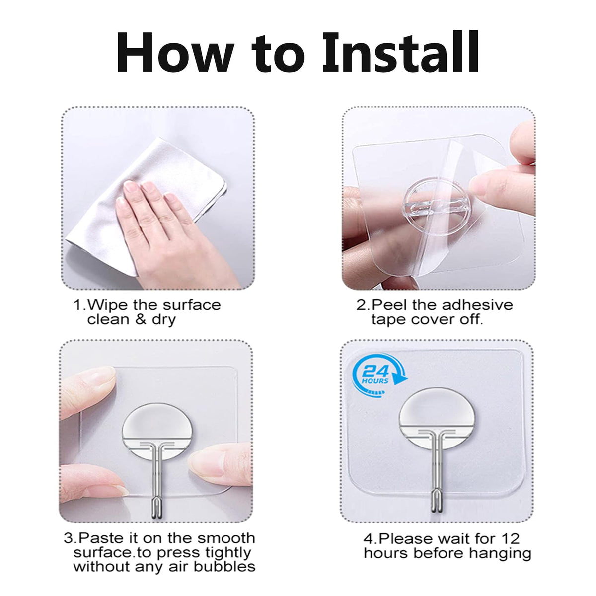 Adhesive Wall Hooks No Drill Clear Heavy Duty (12 Count)