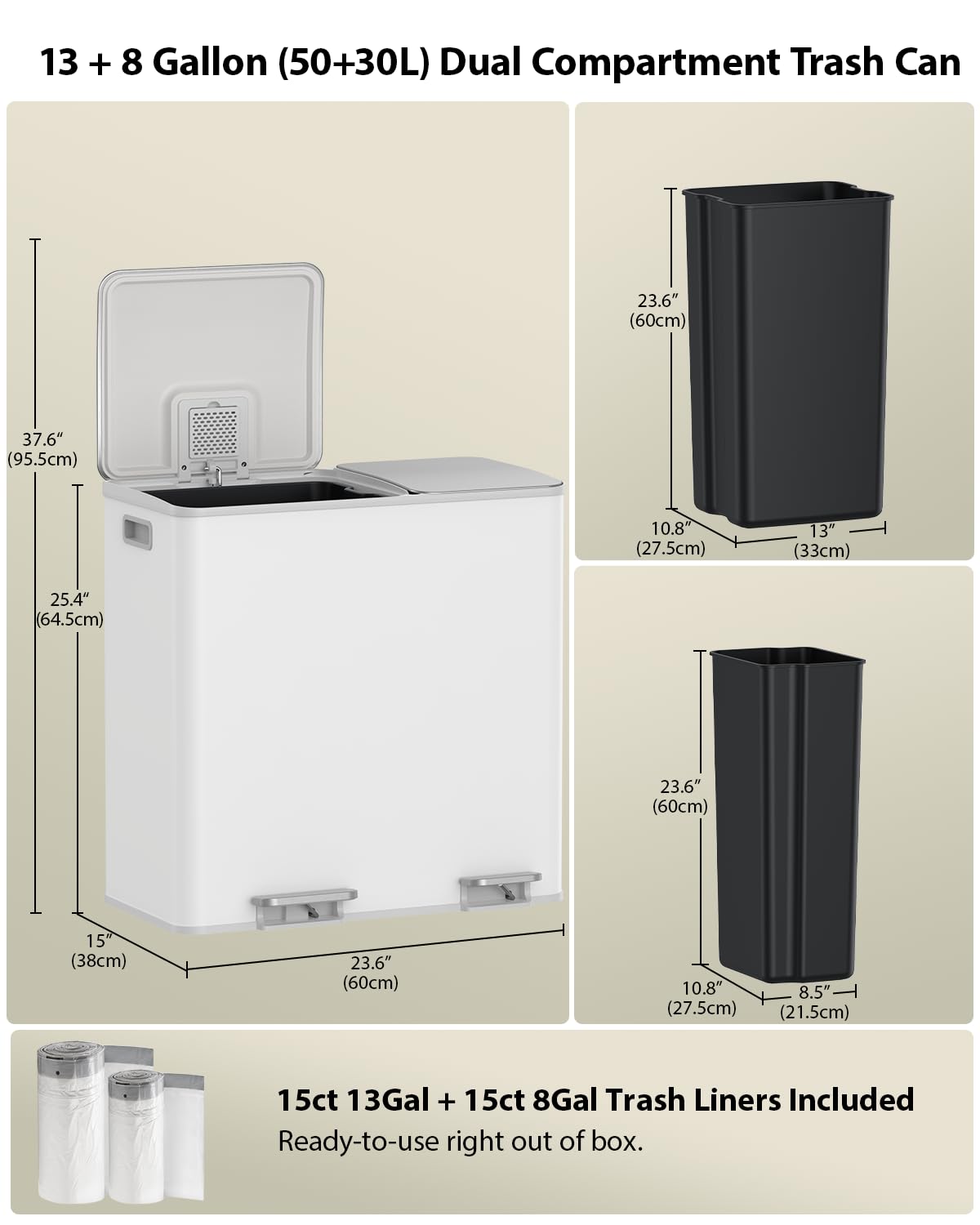 Dual Trash and Recycling Bins for Kitchen (2 Count)