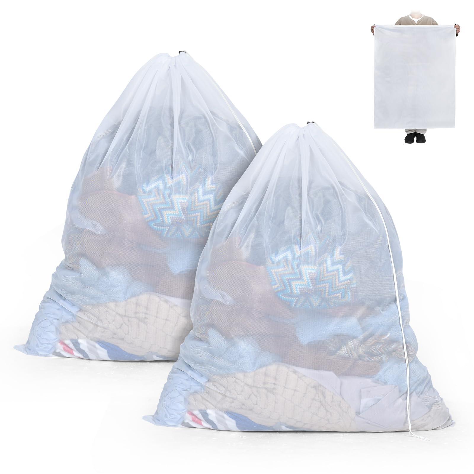 Ex Large Mesh Laundry Bag 36x43 Inch Drawstring Laundry Wash Bags 2 Pack Dirty Clothes Net Laundry Bag Heavy Duty Travel Storage Organize Bag Don't Drying