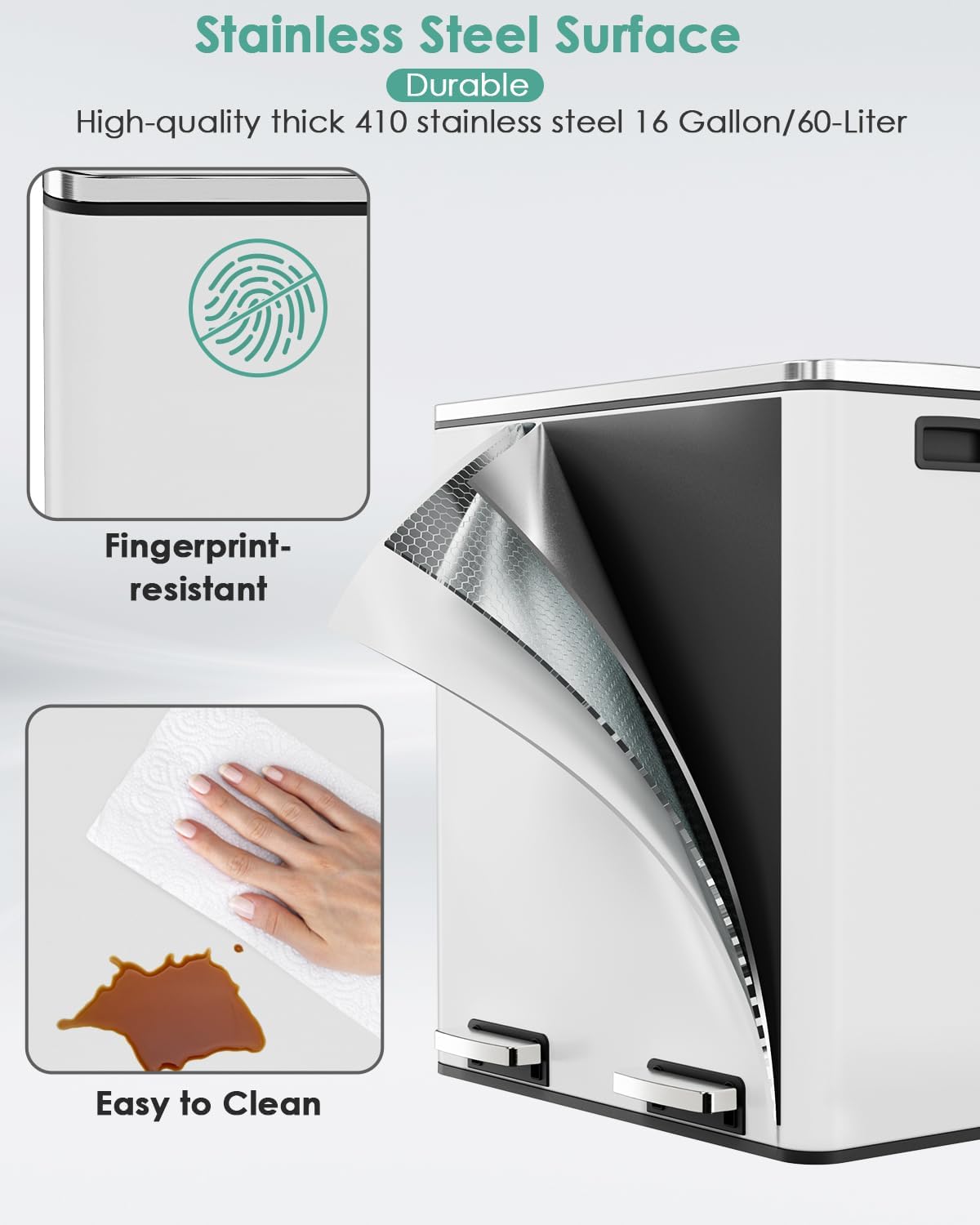 60L(16 Gal) Dual Trash Can, Stainless Steel Kitchen Garbage Can