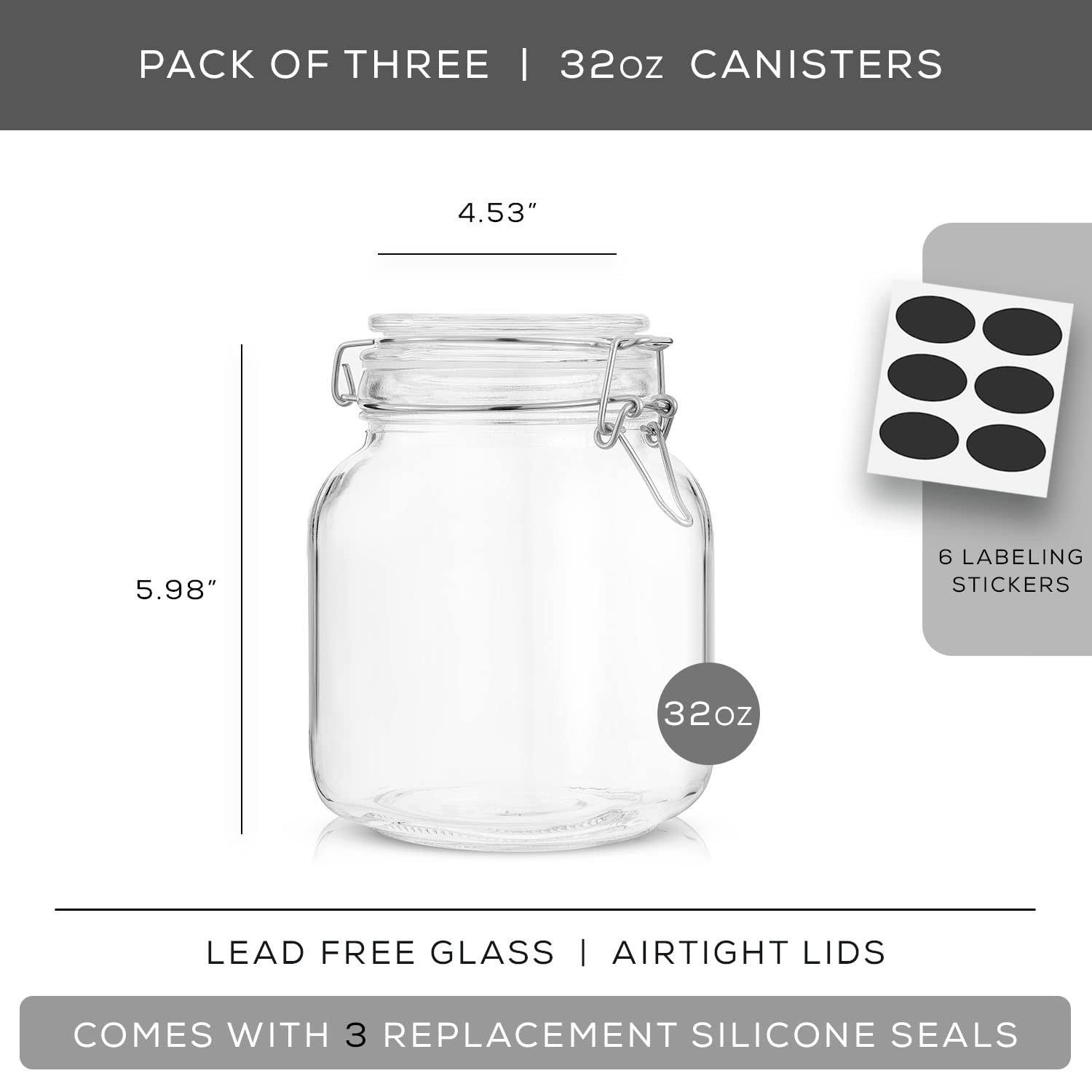 Airtight Glass Jars with Lids Set of 3. 32oz Glass Jar with Lid and 6 Silicone Seals! Med Glass Food Storage Containers. Square Mason Jar (3 Count)