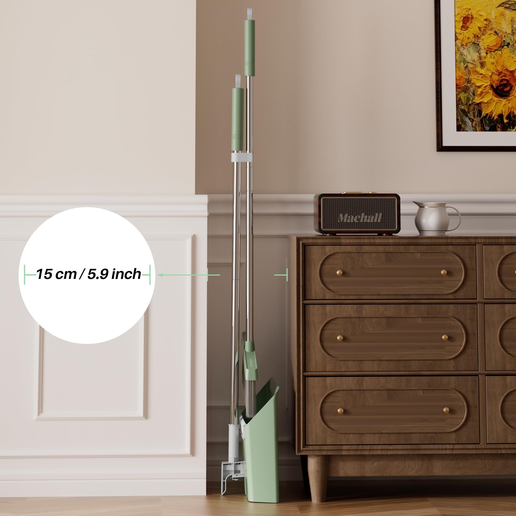 Dark Teal Green Broom and Dustpan Set with 56” Handle