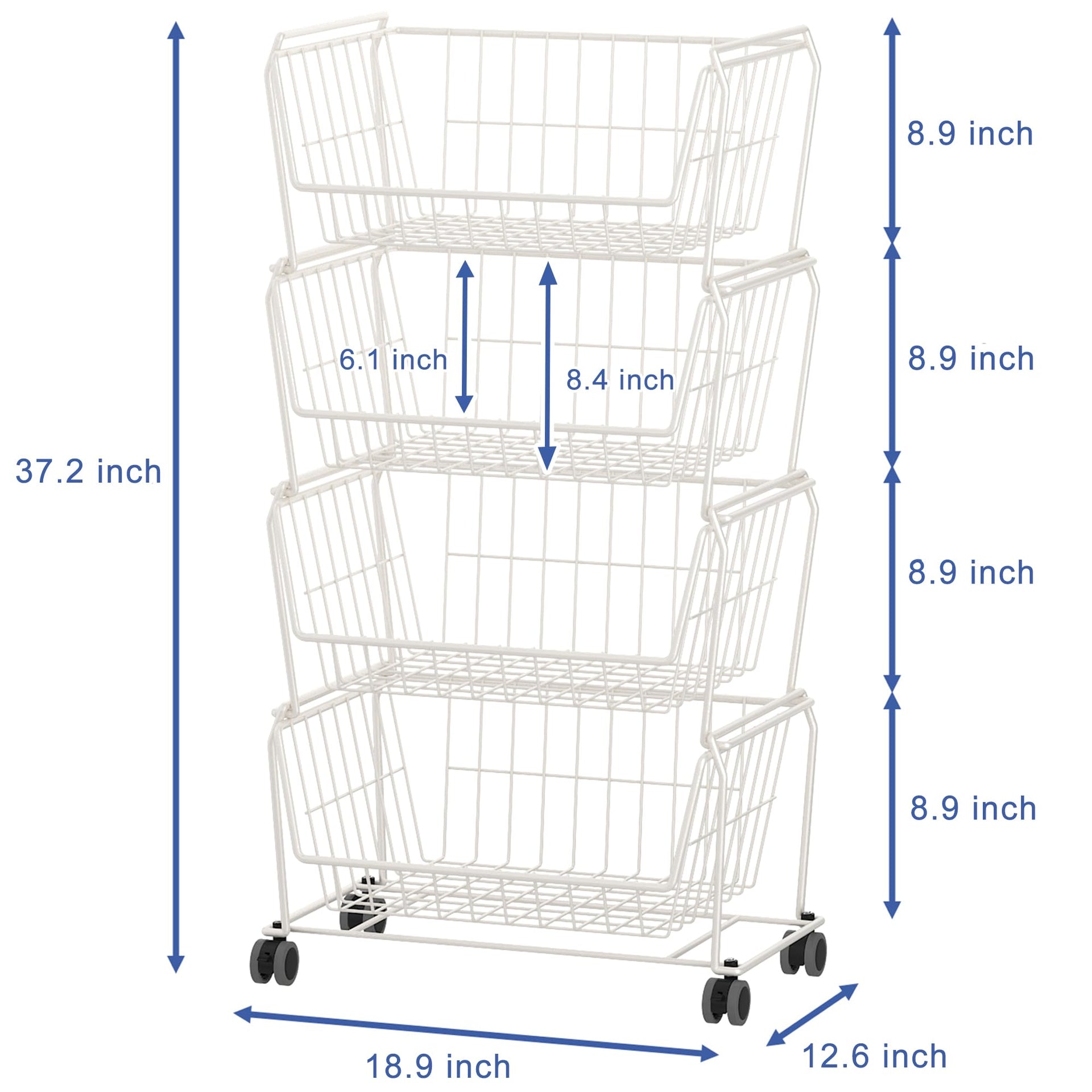 4 Tier Large Stackable Wire Storage Baskets with Wheels